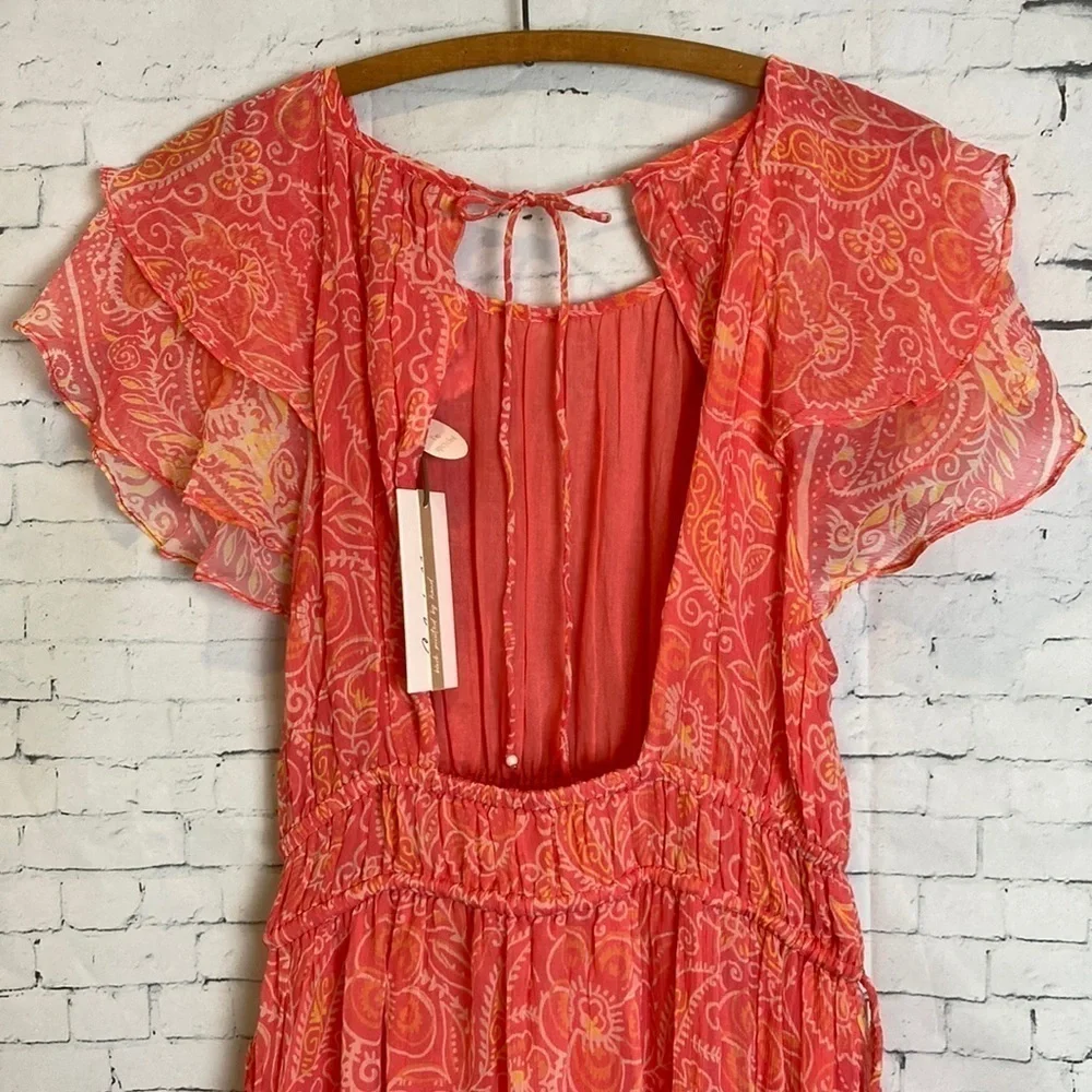 Cleobella Hannah Cutout Tiered Ruffle Maxi Dress Coral Blossom M Romantic NEW - Picture 7 of 16